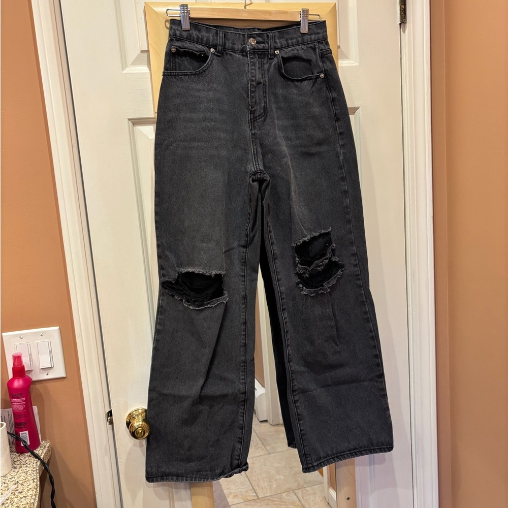 Adika Blaine High Rise Wide Leg Distressed Jeans Washed Black M